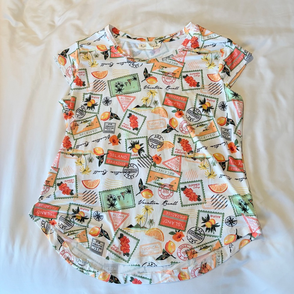 Emaline Womens Medium Tropical Postcard Stamp Print Short Sleeve Top Aloha Shirt